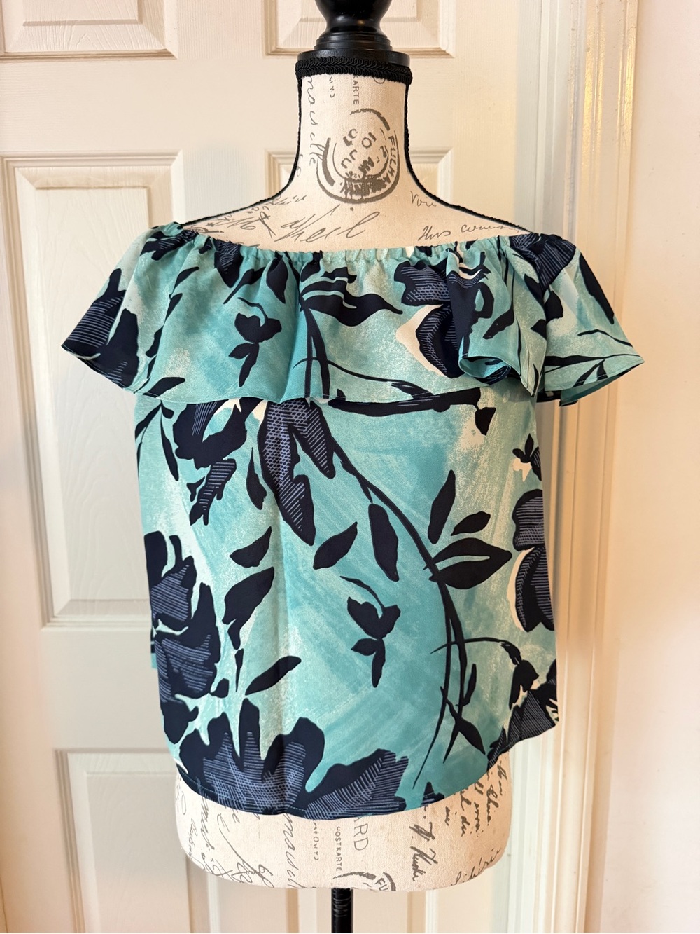 Anthropologie Teal and Navy Off-Shoulder Floral Top